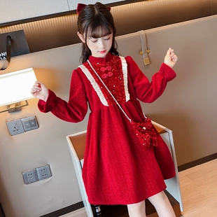 女生连衣裙冬季 加绒2022洋气中大童新年红色公主裙女孩加厚拜年服