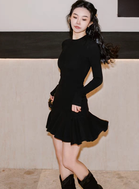 NUTO法式小黑裙高弹针织手袖连衣裙女修身气质内搭打底裙春秋冬