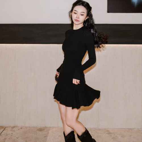 NUTO法式小黑裙高弹针织手袖连衣裙女修身气质内搭打底裙春秋冬