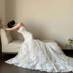 法式鱼尾抹胸旅拍轻婚纱礼服2026新款新娘小个子蕾丝拖尾出门主纱