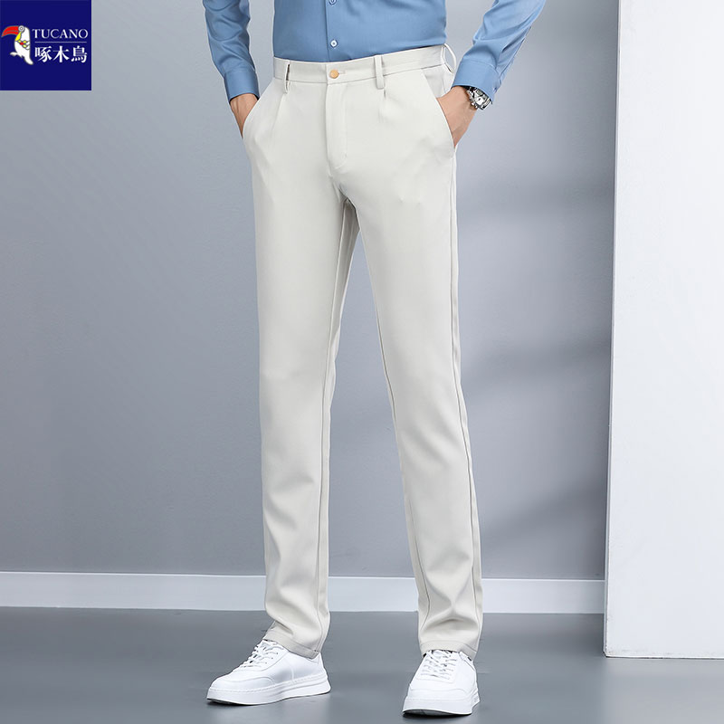 啄木鸟男士休闲裤夏季薄款修身直筒长裤子免烫弹力卡其色西裤男裤