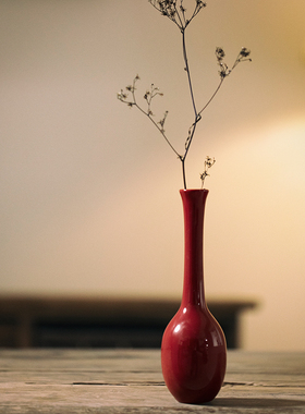 景德镇中式禅意红色陶瓷花瓶复古侘寂插花小花器桌面水培摆件饰品