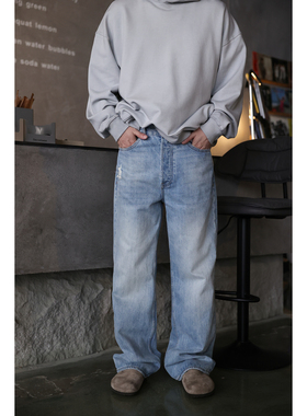 潮流复古休闲直筒牛仔裤秋季新款纯棉痞帅破洞裤脚磨破百搭阔腿裤