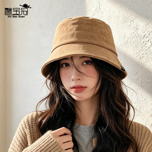 印logo韩版麂皮绒渔夫帽秋冬季户外出游显脸小帽子女士素颜时尚百