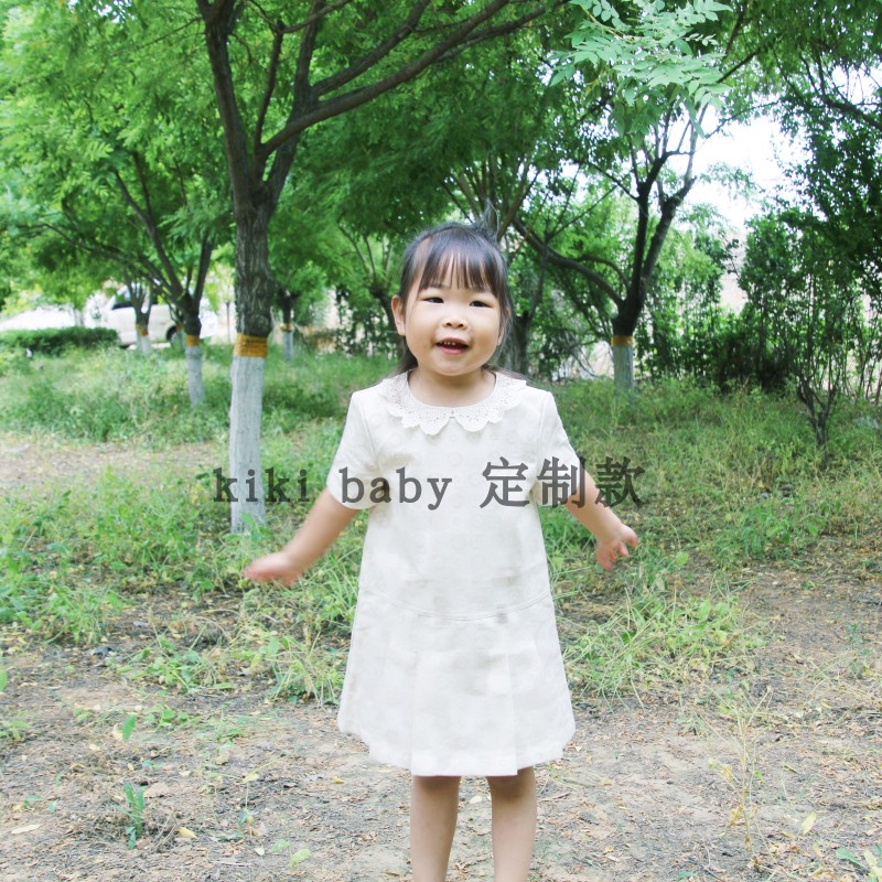 kiki 女童23春夏新款字母几何图案印花纯棉牛仔短袖百褶裙连衣裙