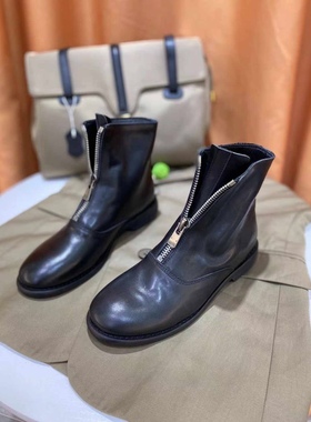 网红真皮giu瘦腿di复古短靴310圆头210前拉链马丁靴瘦瘦中筒靴女