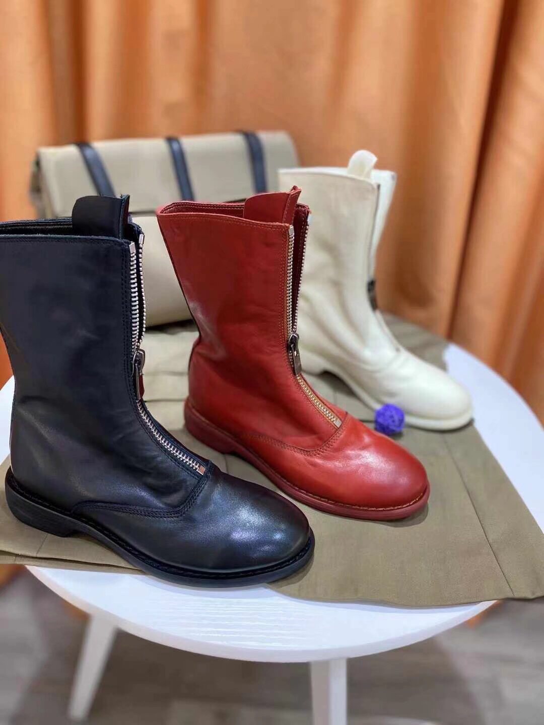 网红真皮giu圆头di复古短靴310瘦腿210前拉链马丁靴显瘦中筒靴女