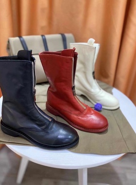 网红真皮giu圆头di复古短靴310瘦腿210前拉链马丁靴显瘦中筒靴女