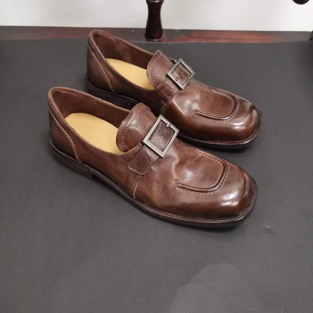 马皮单鞋金属扣复古英伦风小皮鞋方头低跟真皮带扣一脚蹬乐福鞋女