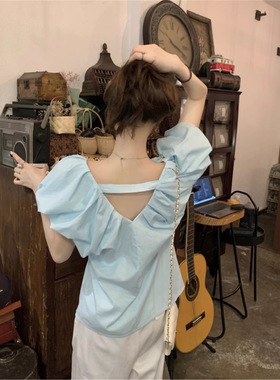 实拍法式小众V领露背短袖设计感上衣气质褶皱宽松显瘦衬衫女80756
