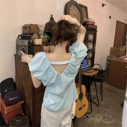 实拍法式小众V领露背短袖设计感上衣气质褶皱宽松显瘦衬衫女80756