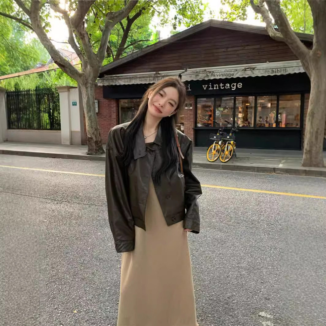 实拍复古港风设计感美式皮衣外套+气质显瘦法式针织连衣裙女68850