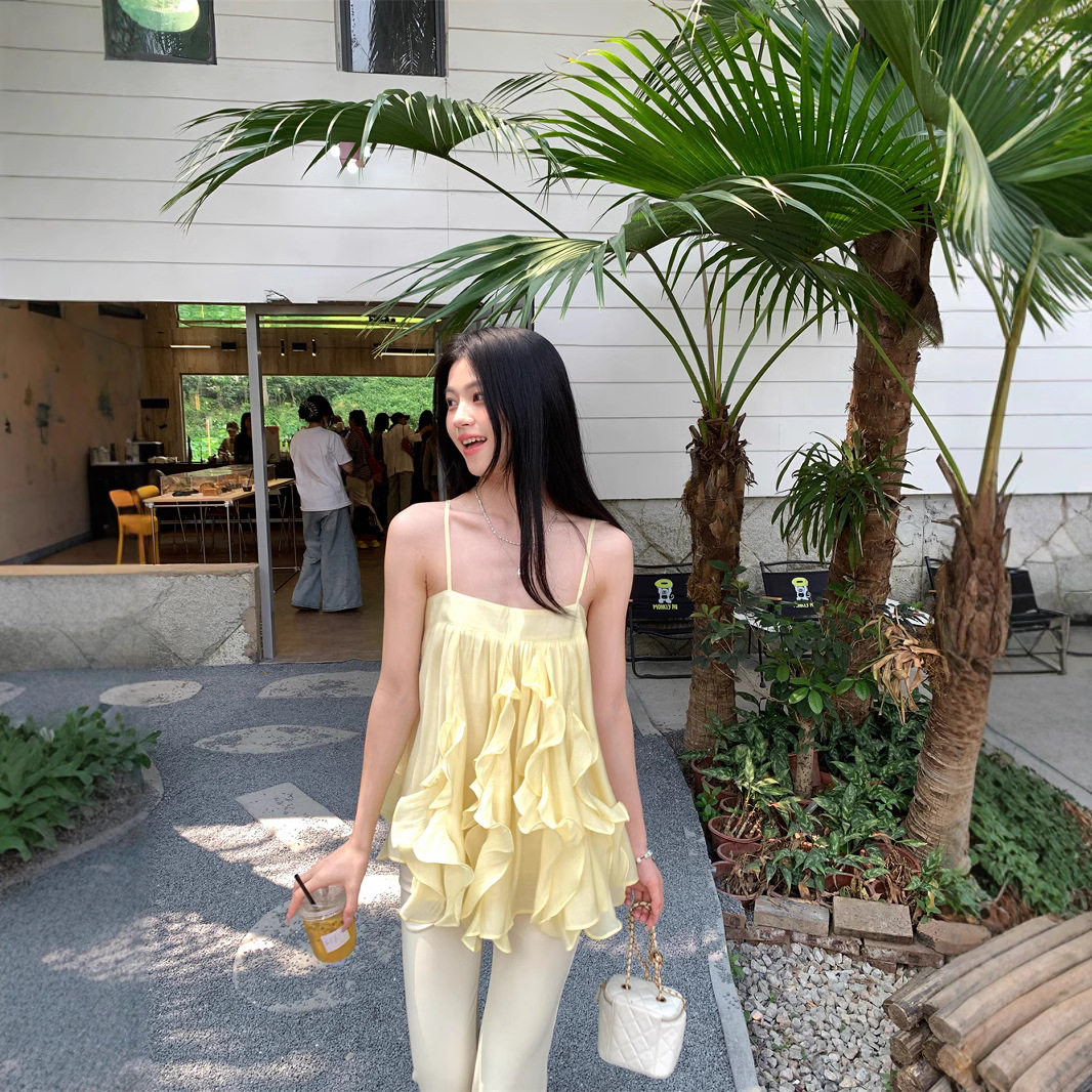 实拍 鹅黄色短款吊带背心女荷叶边修身无袖外穿辣妹显瘦上衣80215
