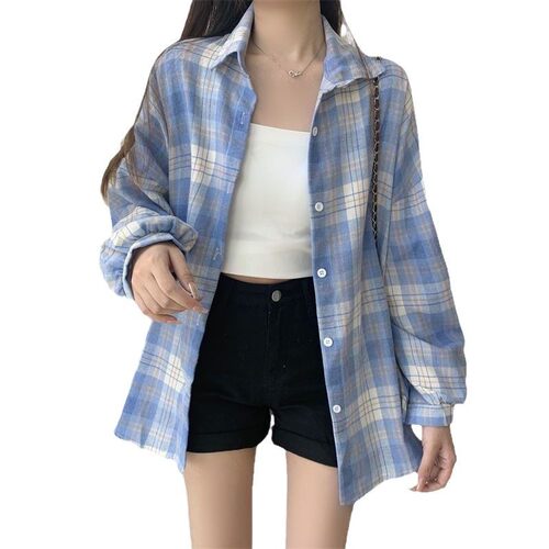韩式复古长袖格子衬衫女夏季新款设计感宽松衬衣薄款上衣外套