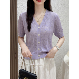 镂空短袖 新款 夏季 V领开衫 女洋气外搭小衫 针织衫 T634款