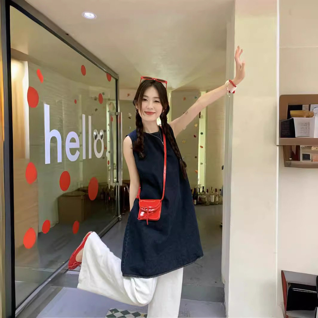 实拍夏季新款复古水洗牛仔无袖背心裙百搭拖地阔腿裤套装女64583