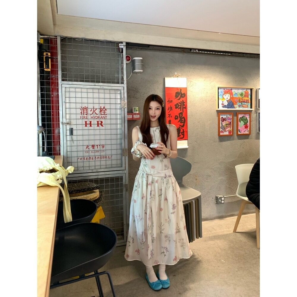 有货实拍 韩国原单天丝麻印花无袖背心连衣裙女夏天度假风中长裙