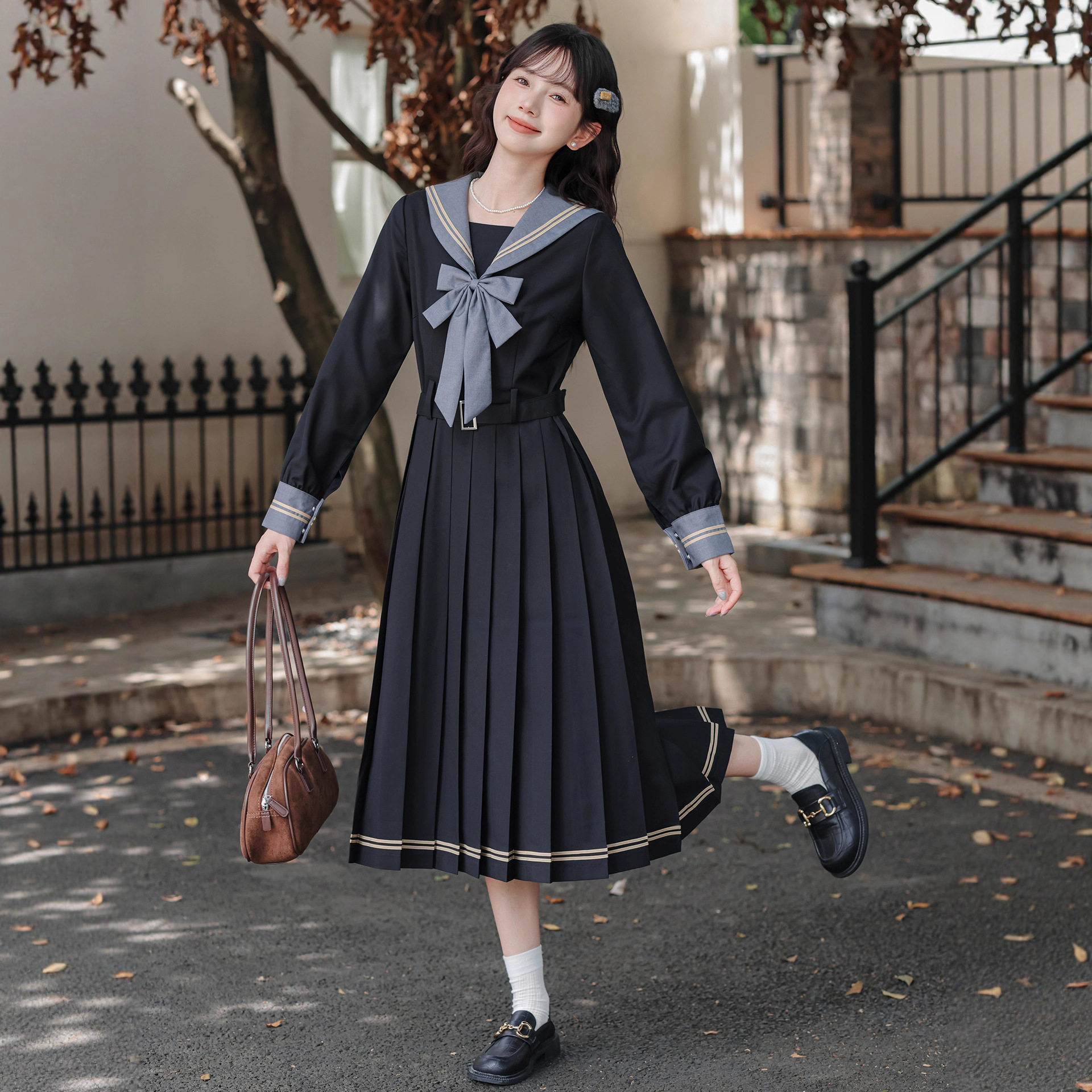 女装学院少女JK制服日系海军领长袖水手服连衣裙甜美显瘦中长款裙