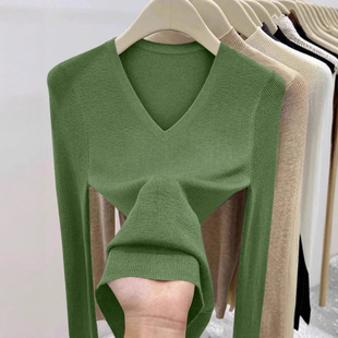 简约款 新款 V领打底针织衫 上衣 绿色气质显白内搭毛衣女2025年秋季
