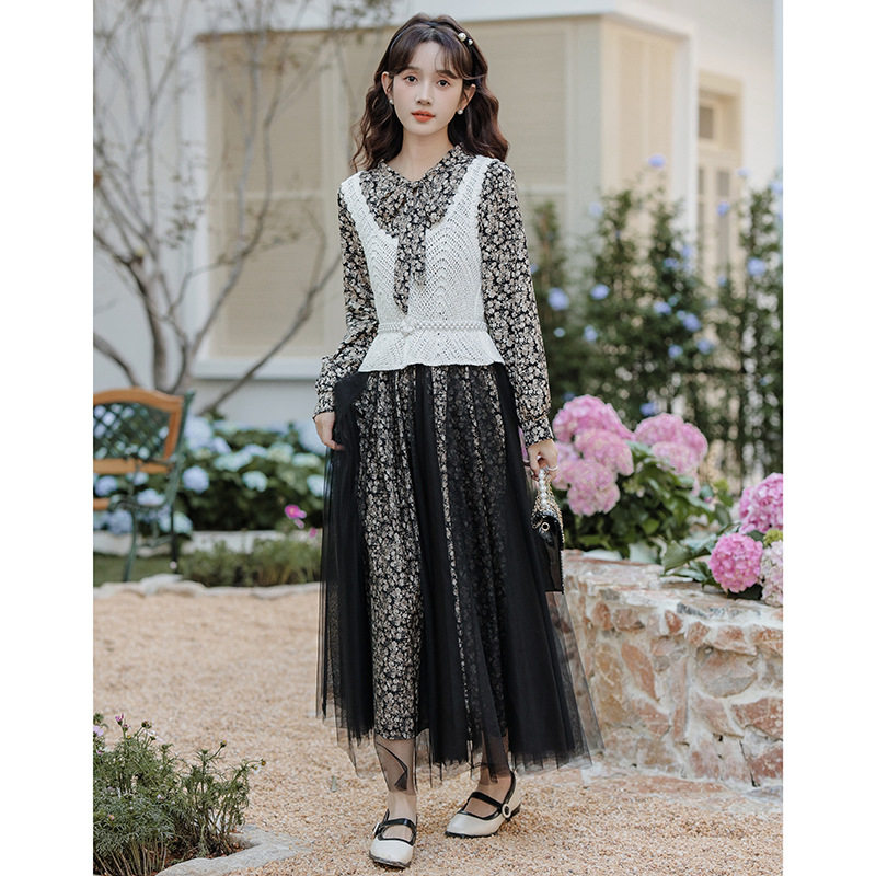 女装2026春季茶歇法式碎花雪纺连衣裙马甲两件套装裙减龄碎花裙