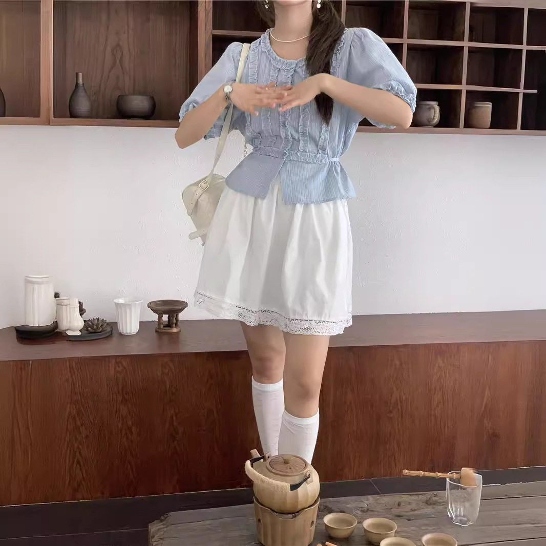 实拍韩版甜美可爱边收腰系带显瘦短袖衬衫女短款上衣夏66227