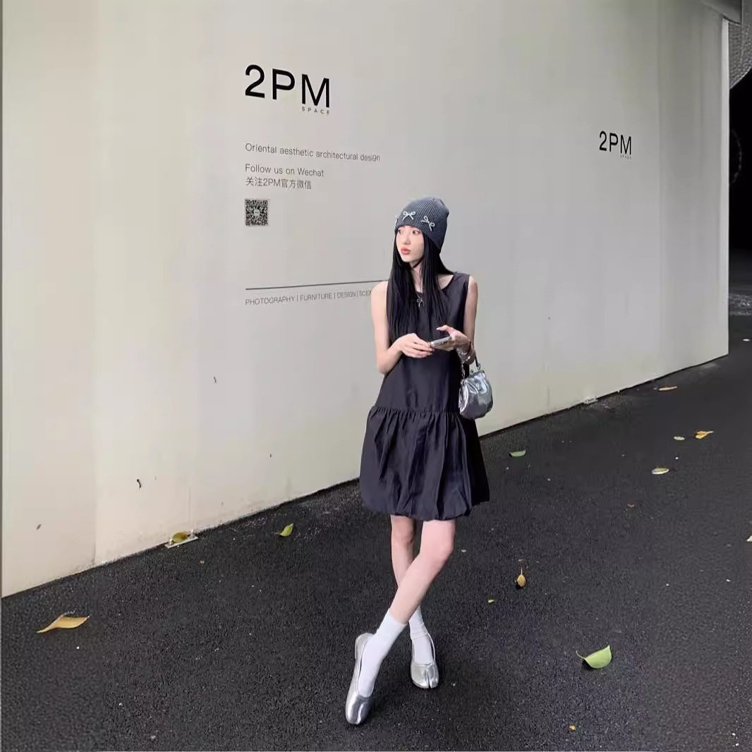 实拍花苞裙女夏新款韩系减龄穿搭背心裙宽松显瘦中款连衣裙65471