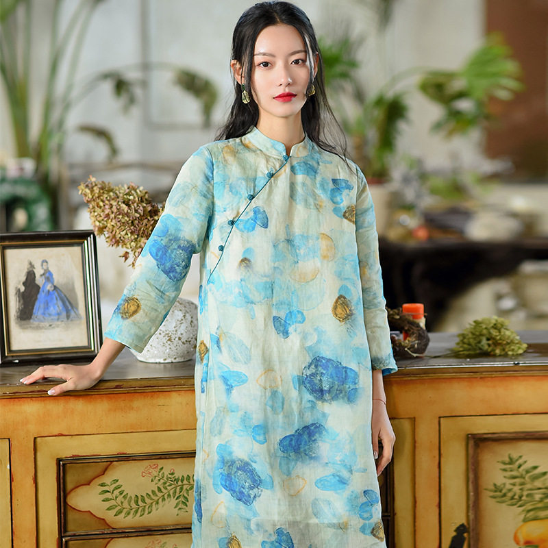 新中式复古棉麻女装2025新款春季苎麻连衣裙女小个子改良旗袍