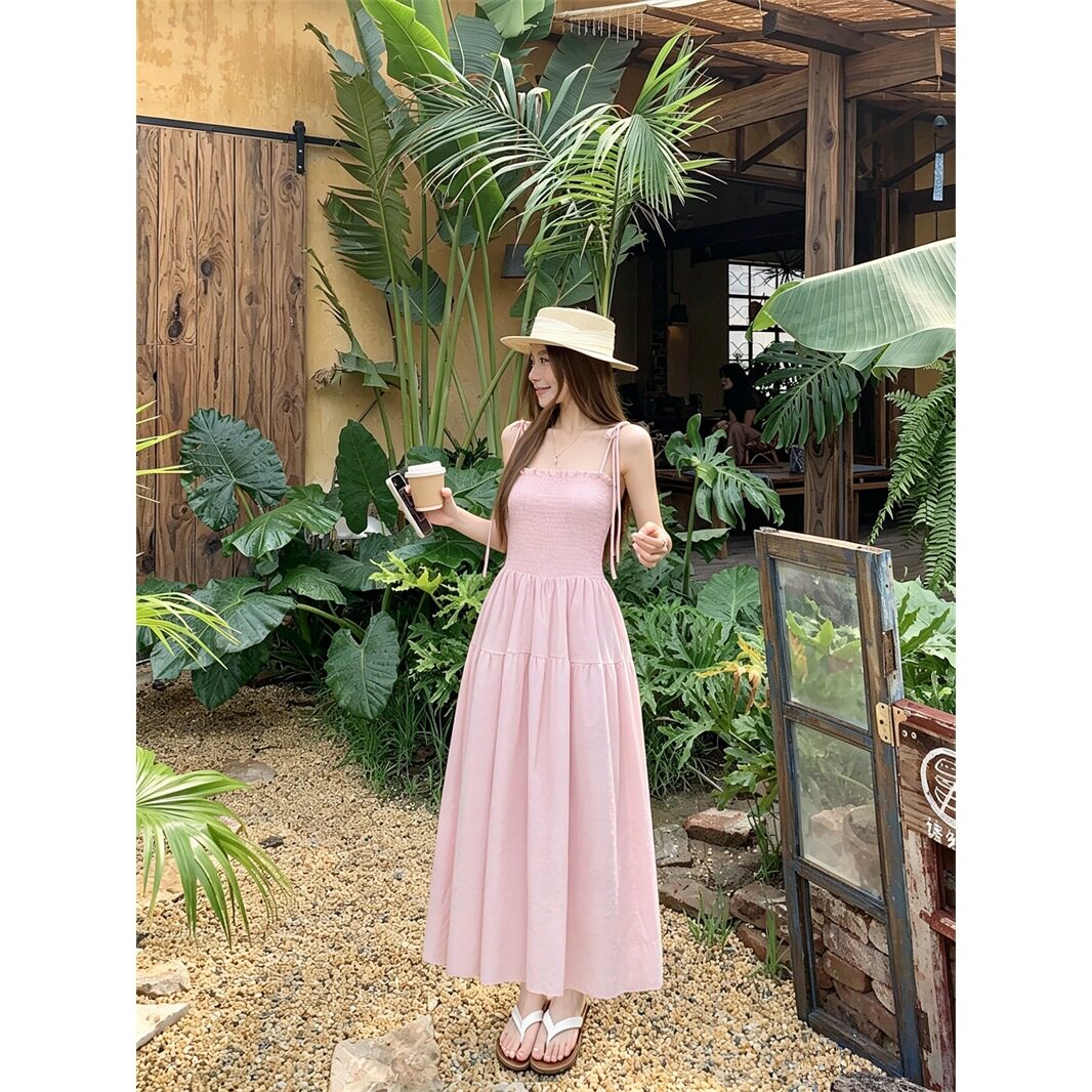 实拍~木耳花边吊带抹胸连衣裙女夏季系带粉色长裙温柔风裙子11008