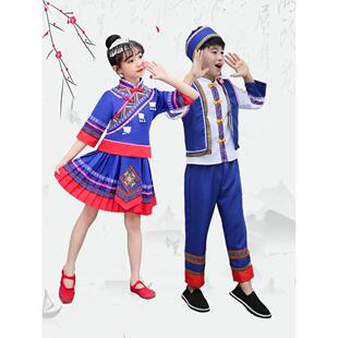 新款儿童少数民族服装锡伯族男女童幼儿舞蹈演出服锡伯族合唱服装