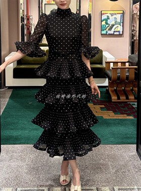Zimmermann连衣裙澳洲代购2025秋冬黑色波点褶饰层叠裙摆中长裙