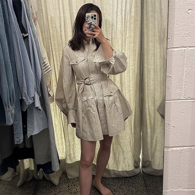 Zimmermann连衣裙澳洲正品代购灯笼长袖条纹衬衫裙MEMENTO