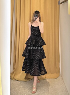 澳洲正品代购Zimmermann连衣裙2025秋冬黑色波点吊带中长蛋糕裙