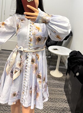 澳洲正品代购Zimmermann连衣裙2025秋冬百搭印花绑带收腰长袖短裙