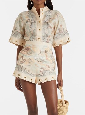 澳洲正品代购Zimmermann衬衫2026早春印花上衣高腰短裤套装