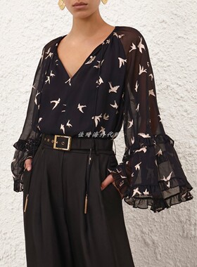 Zimmermann衬衫澳洲正品代购2025秋黑色烧花工艺长袖印花宽松上衣