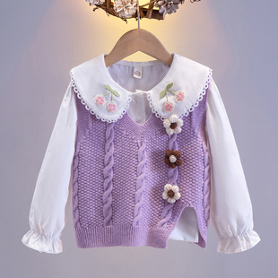 女童毛衣针织背心衬衫春秋新款儿童洋气马甲两件套装女孩纯棉长袖