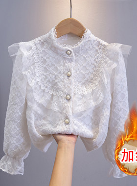 女童打底衫秋冬加绒蕾丝衬衣长袖
