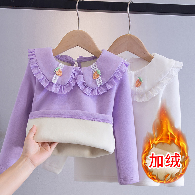 女童加绒打底衫春秋冬季新款儿童花边娃娃领内搭外穿上衣保暖洋气