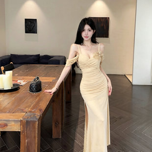 性感吊带短袖礼裙V领扭褶收腰透纱开叉版型约会酒会修身长款裙装