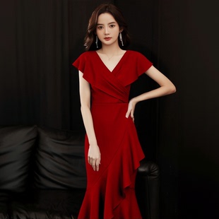 法式 长裙 高端红色敬酒服女新娘鱼尾订婚礼服高级感结婚回门服便装