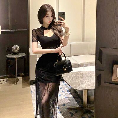 中式小立领镂空礼服裙短袖大方款式修身包臀女聚会赴宴长款裙子