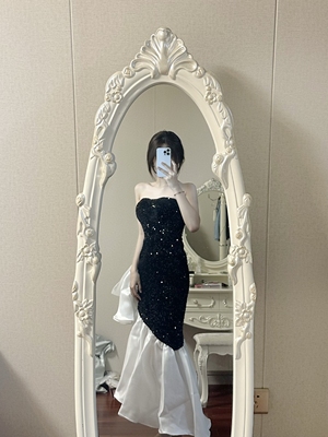 小个子晚礼服荷叶边抹胸名媛宴会高级感黑色亮片成人礼长款连衣裙