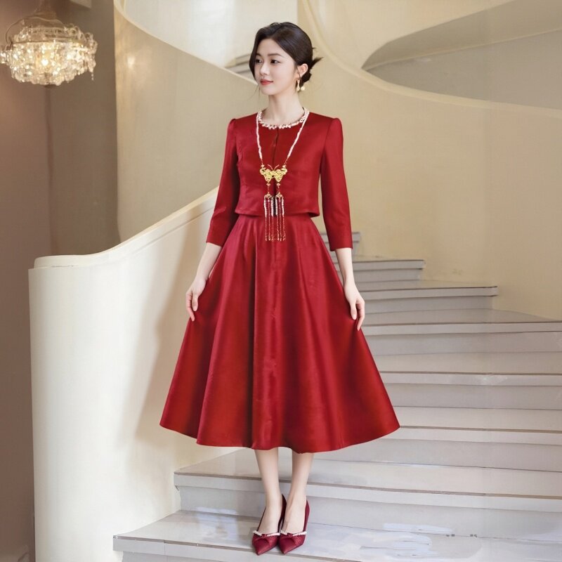高端轻奢红色敬酒服新娘两件套女图片