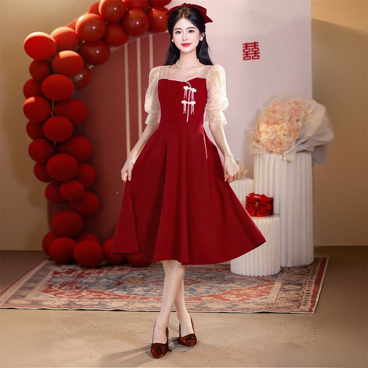 夏季优雅红色方领五分袖A字裙中长款新娘敬酒服小个子结婚礼服女