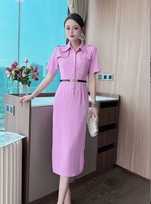24-222 夏季新款收腰包臀中长裙修身OL通勤连衣裙女