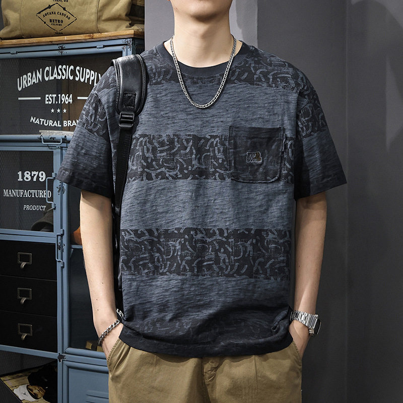 潮牌设计感拼色条纹短袖T恤男夏季薄款竹节棉印花口袋五分袖体恤