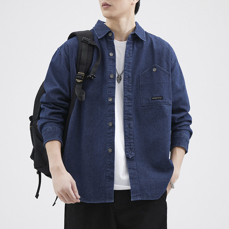 日系条纹提花牛仔长袖衬衫男2024年秋冬新款宽松大码加绒衬衣外套,户外/登山/野营/旅行用品,户外休闲衣,淘宝优惠券,粉丝福利购,淘宝优惠卷