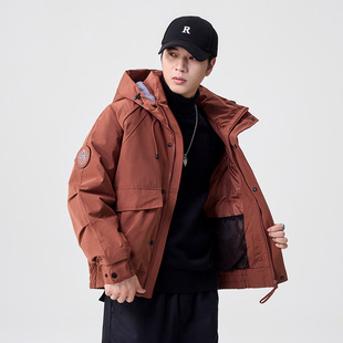 美式复古90%纯白鸭绒羽绒服男冬季连帽保暖加厚机能工装外套男款