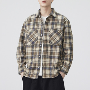 格子衬衫男秋装休闲男款秋冬季日系翻领夹克秋季男生毛呢外套男款