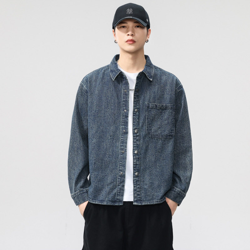 高端美式重磅竖条肌理感水洗牛仔衬衫男2025秋季新款工装衬衣外套,户外/登山/野营/旅行用品,户外休闲衣,淘宝优惠券,粉丝福利购,淘宝优惠卷